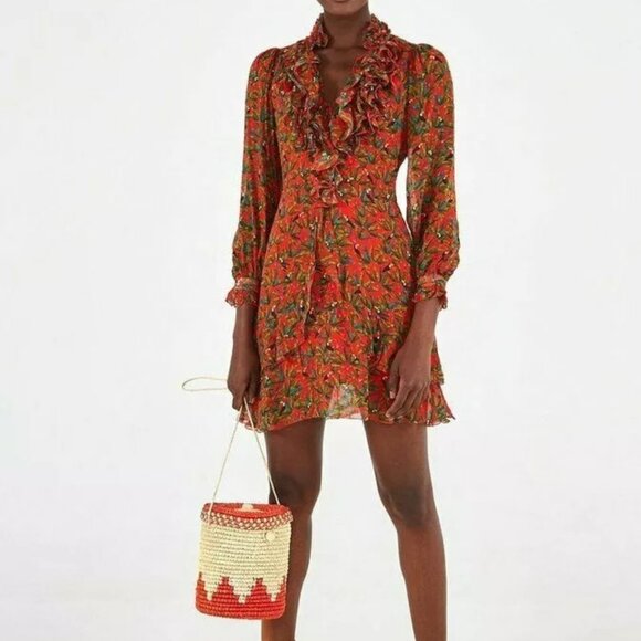 FARM Rio Dresses & Skirts - NWT FARM Rio Tucano Paradise Long Sleeve Dress Red Toucans Ruffle L